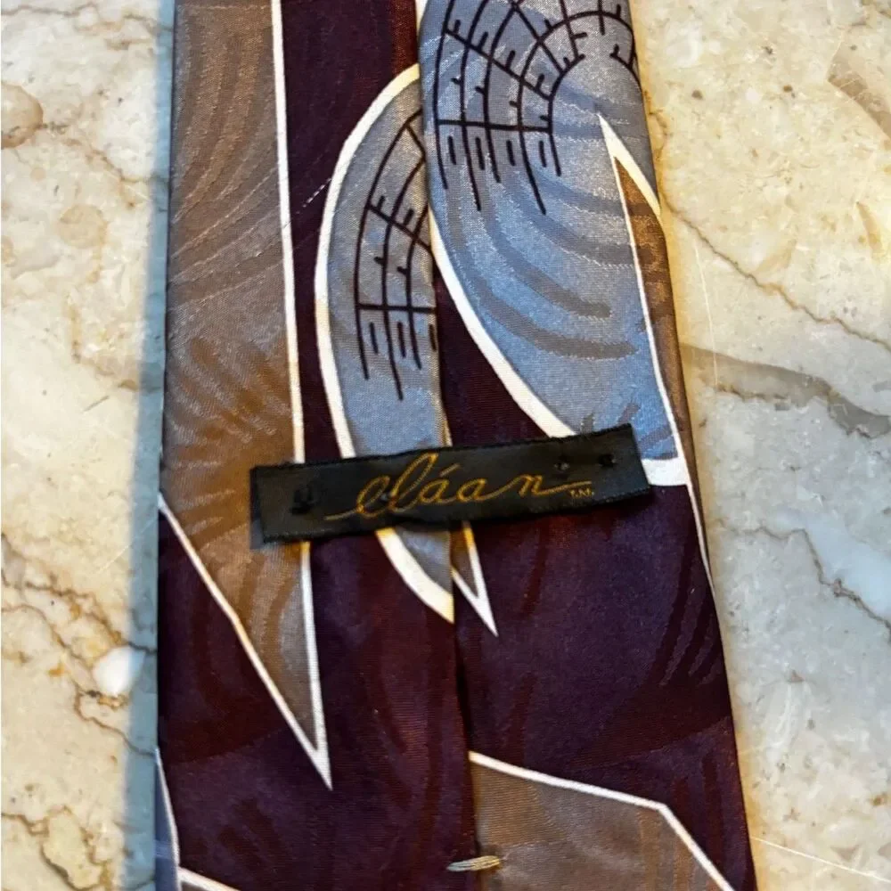 Vintage Mens Eláan Tie Maroon/Tan/Grey-Blue Geometric Shapes Excellent Condition